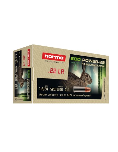 MUNITIONS NORMA 22LR SANS PLOMB 1.6G/24GR ECO POWER Fragmentation  /50 POUR ARMES A REPETITION